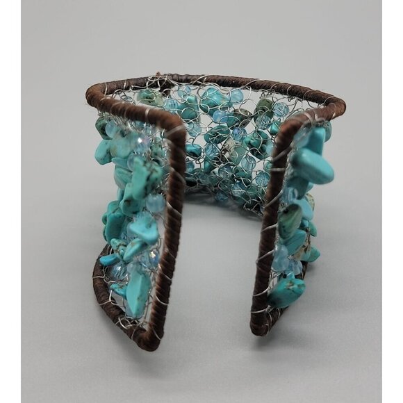 Chunky Turquoise Open Cuff Bracelet Wire Stitched Stones Handcrafted Size 7.5" - Picture 15 of 16